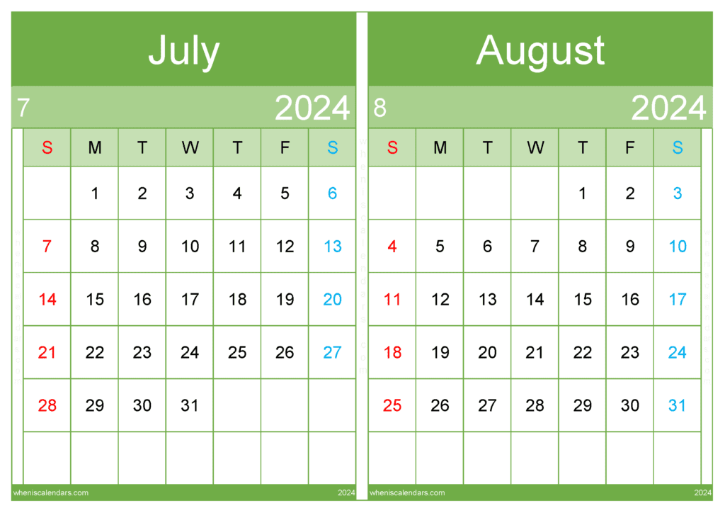 July And August Calendar TwoMonth