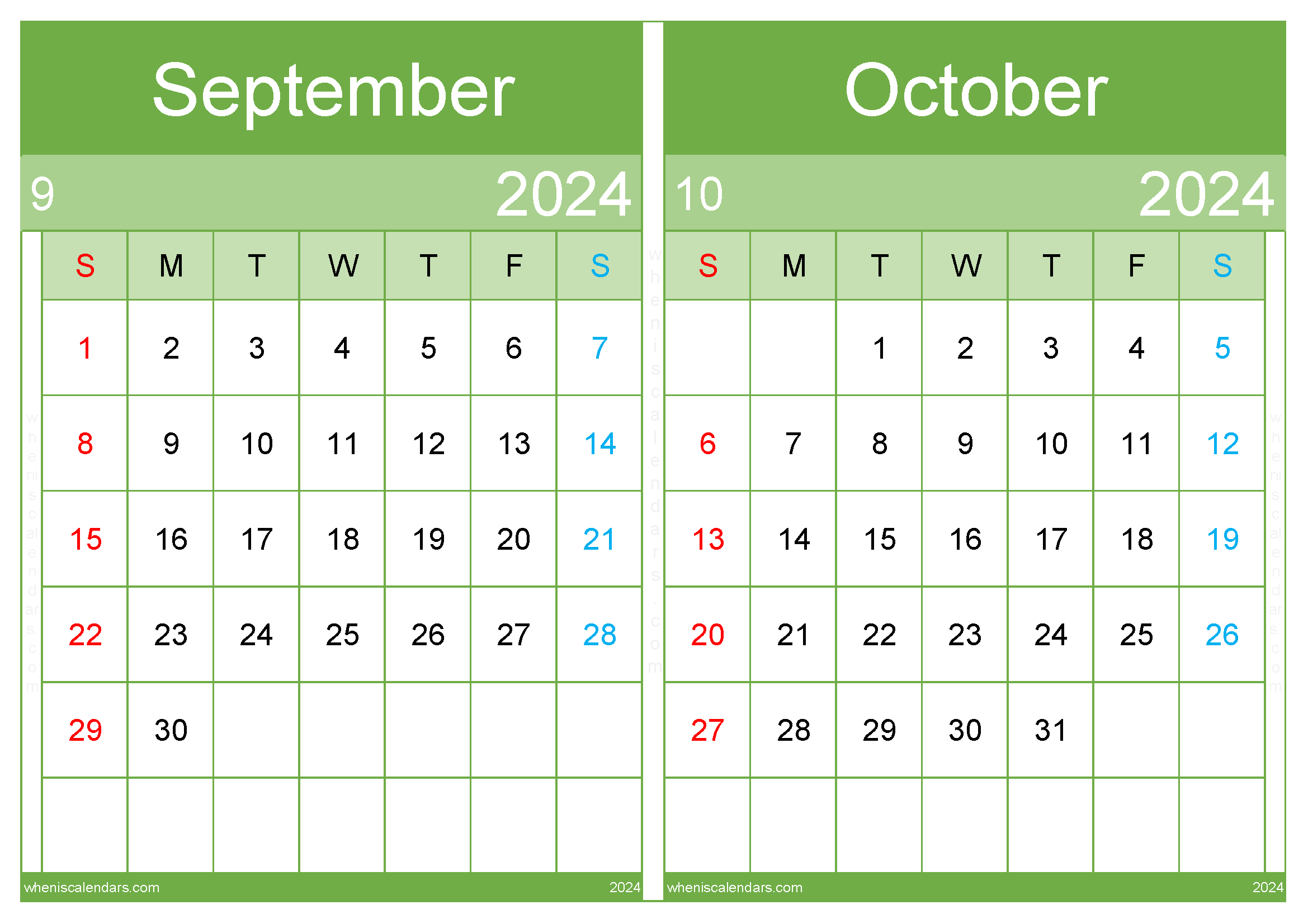 Download September October 2024 Calendar Pdf A4 SO24009