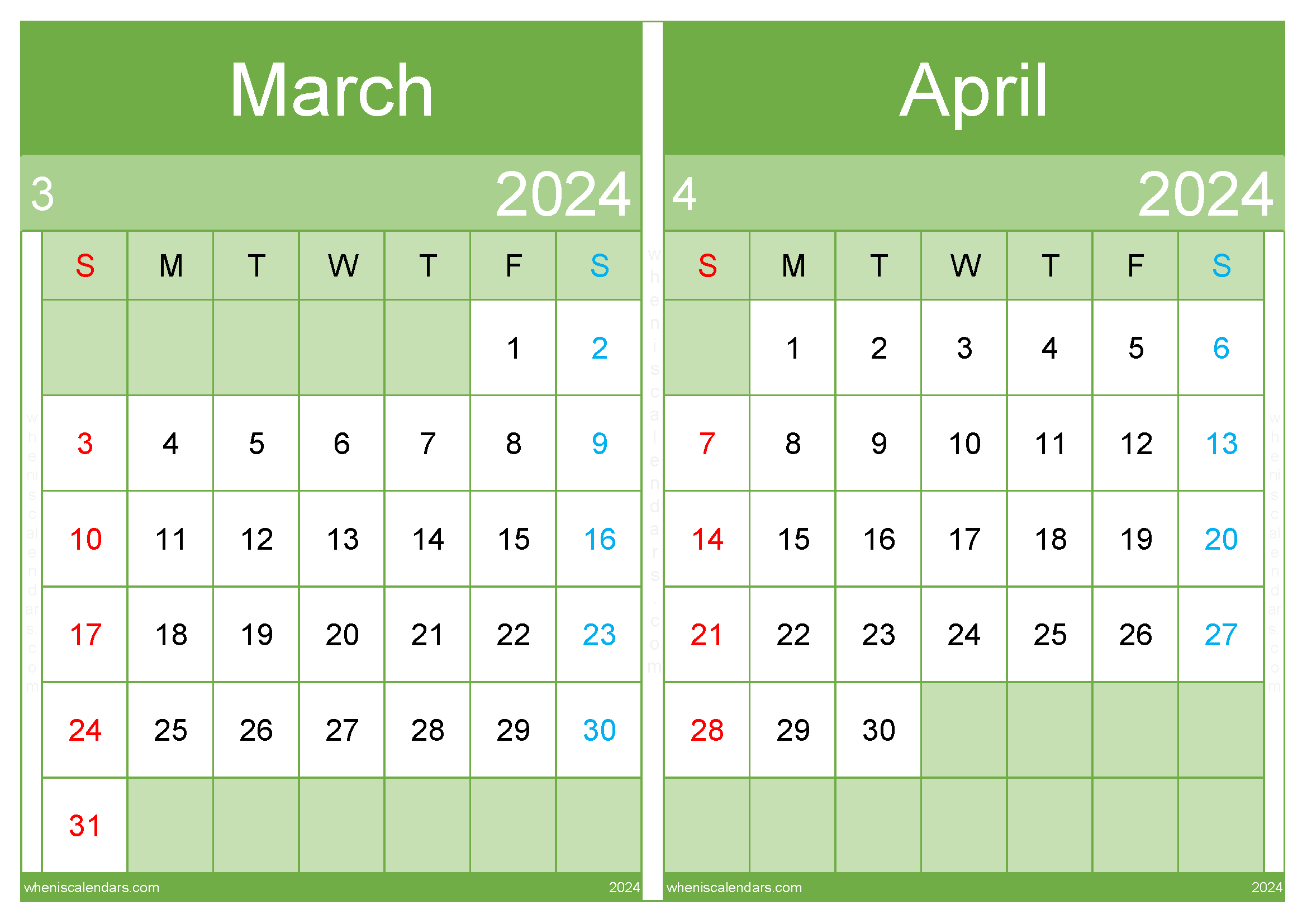 March and April Calendar 2024 Two-Month