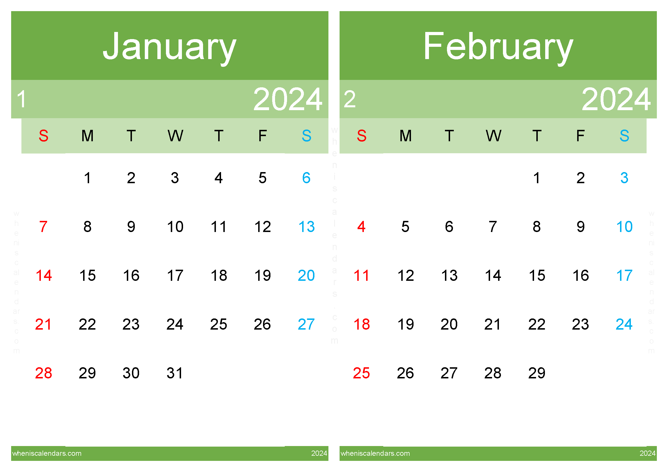 Calendar Jan February 2024 Two-Month