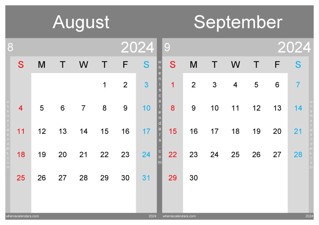 Download printable August and September 2024 calendar A4 AS242033