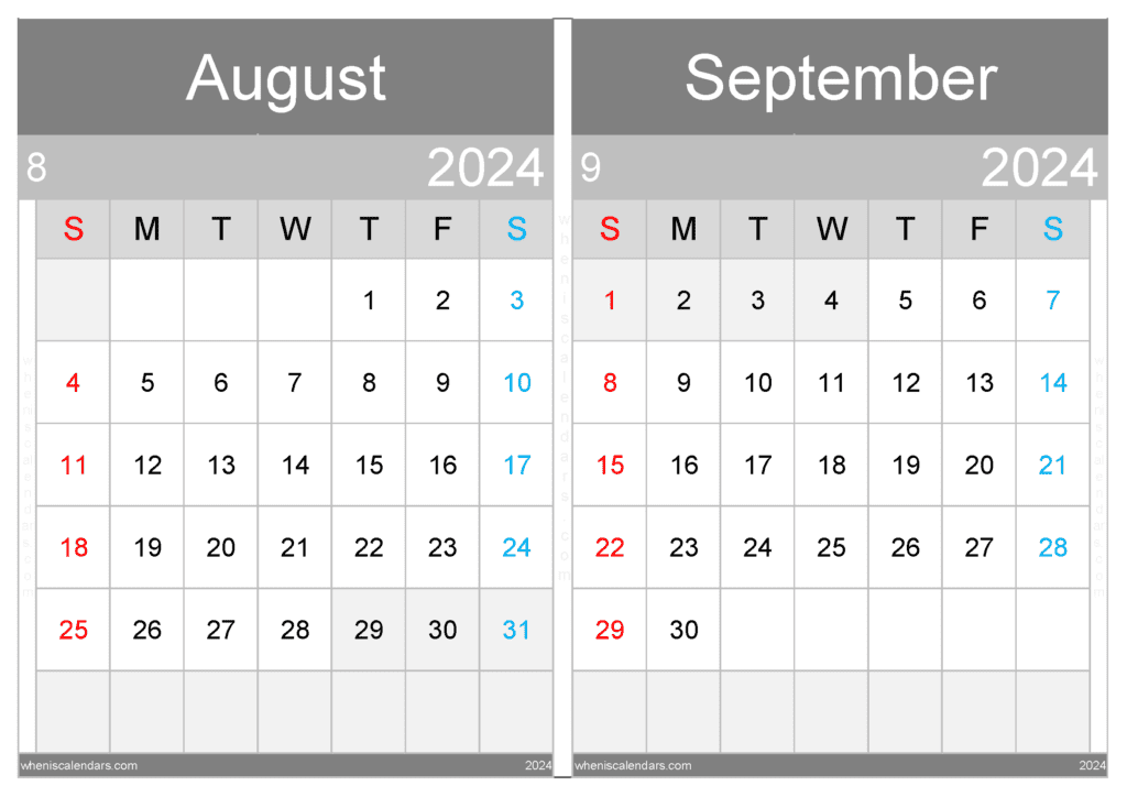 Download August and September 2024 printable calendar A4 AS242034
