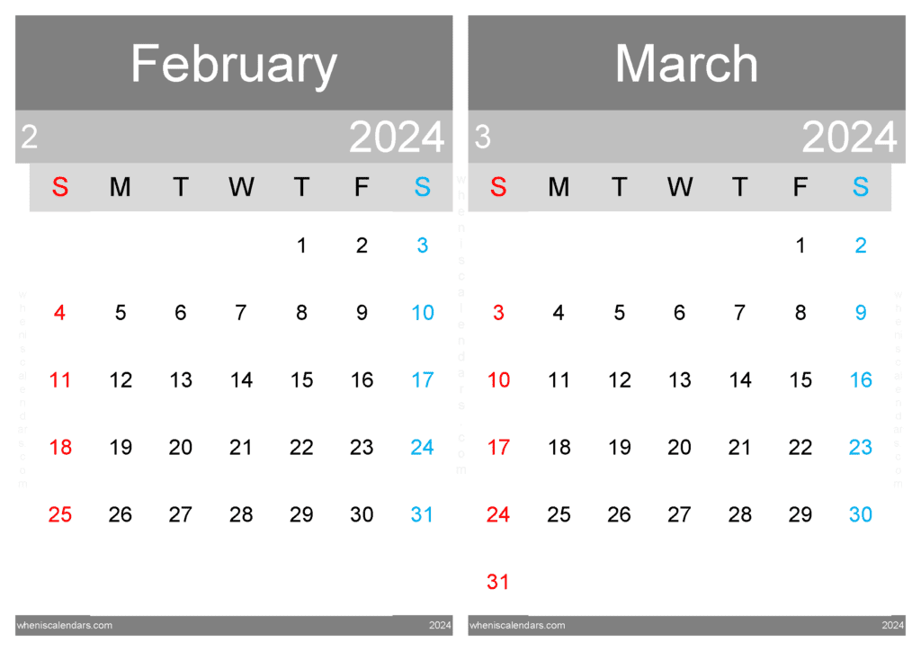 Download Feb Mar 2024 Calendar A4 FM24003