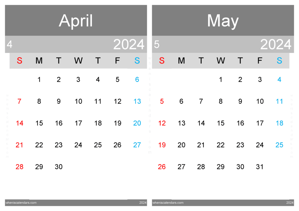 Download Printable April May 2024 Calendar A4 AM242005