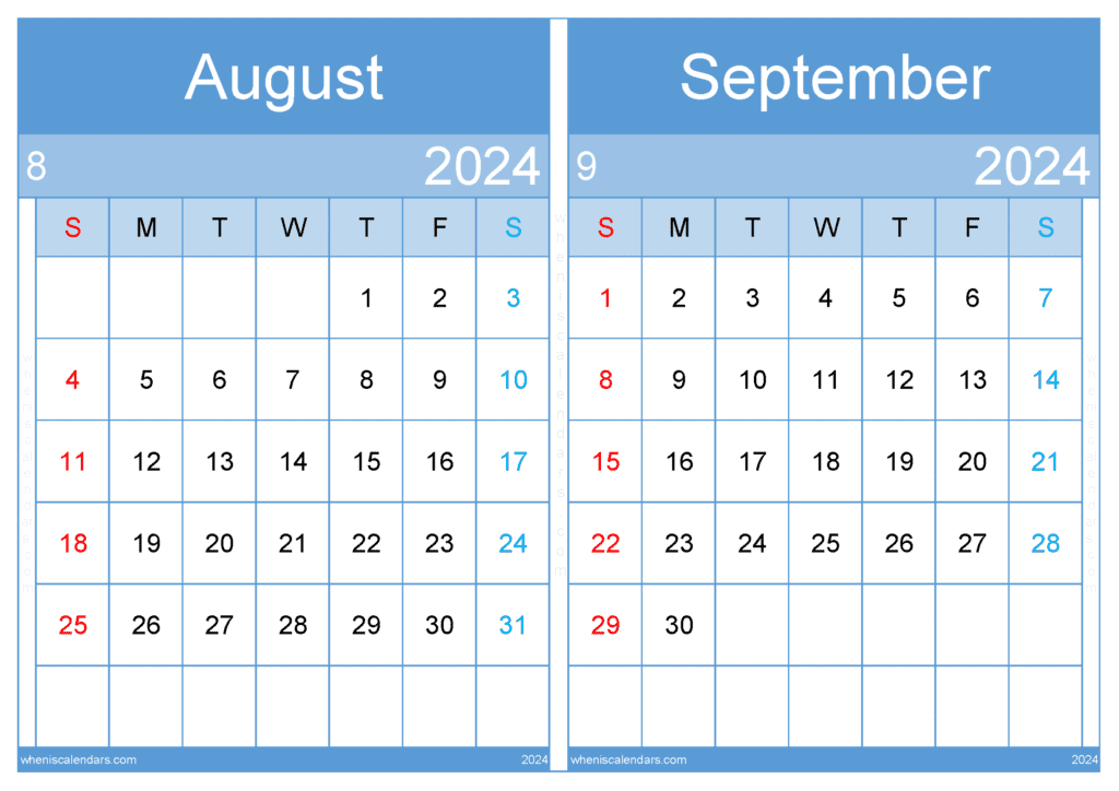 Download calendar 2024 August and September A4 AS24036