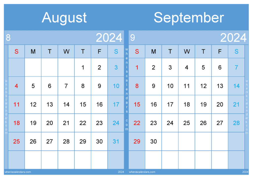 Download calendar for August September 2024 A4 AS24037