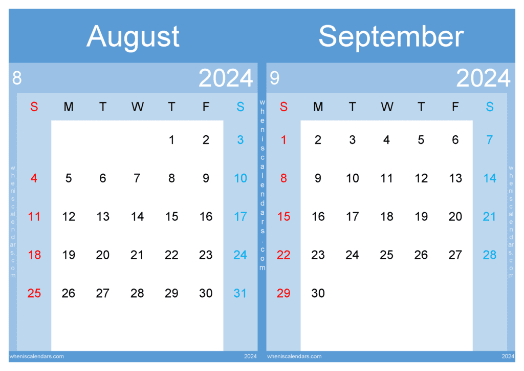 Download calendar of August and September 2024 A4 AS24038