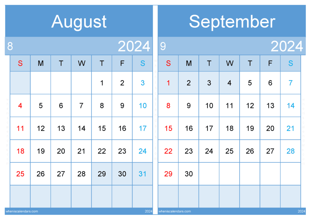Download August September calendar printable 2024 A4 AS24039