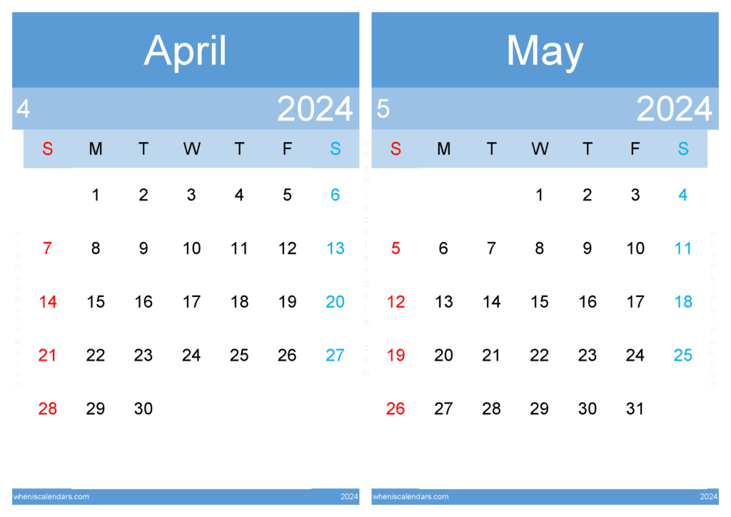Download April May Calendar 2024 A4 Am242010