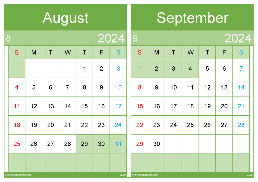 Download 2024 Aug And Sep Calendar A4 AS24044