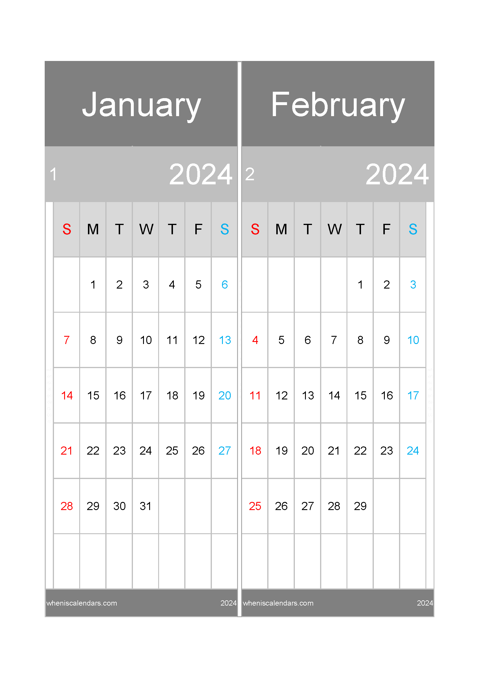 Jan February 2024 Calendar Printable TwoMonth