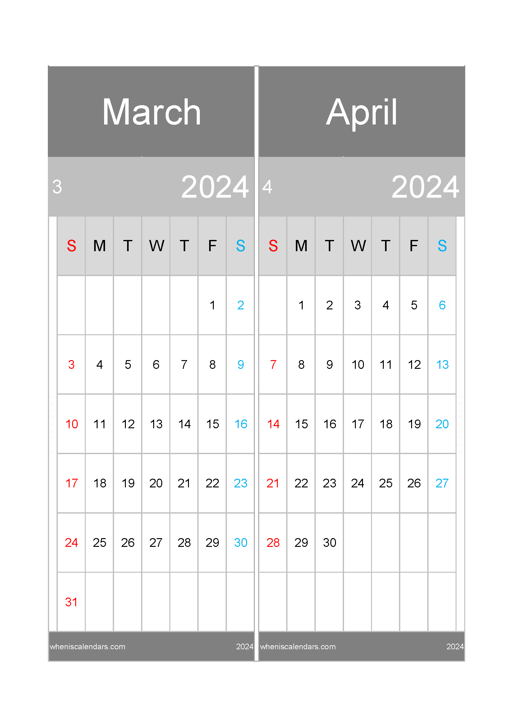Mar April Calendar 2024 Two-Month