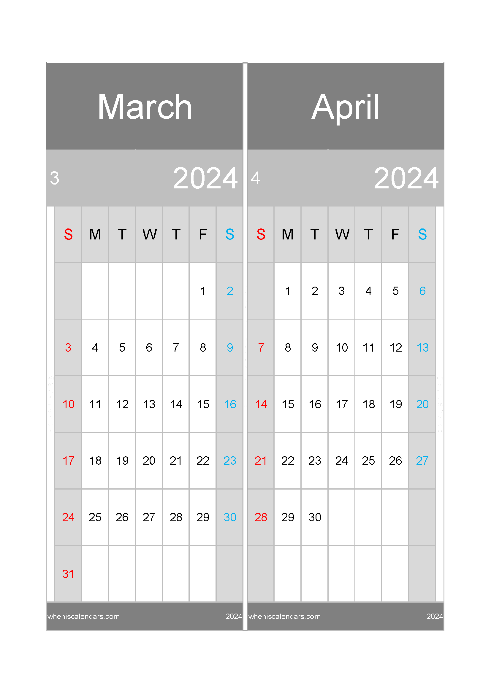 March April 2024 Calendar PDF TwoMonth