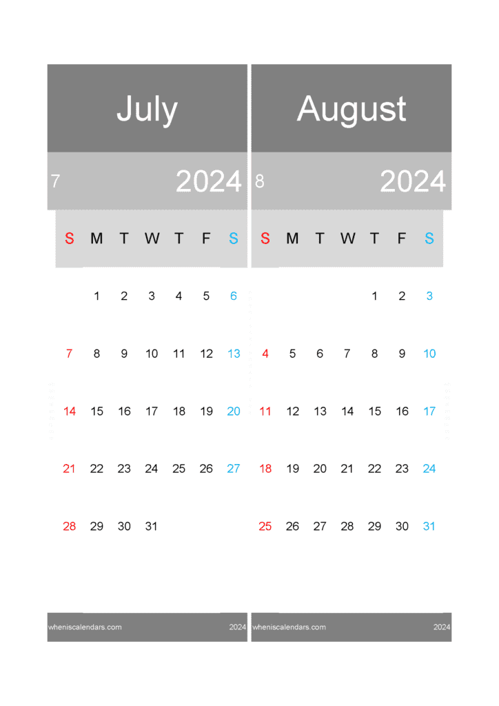 Download Jul And August Calendar 2024 A4 JA24020