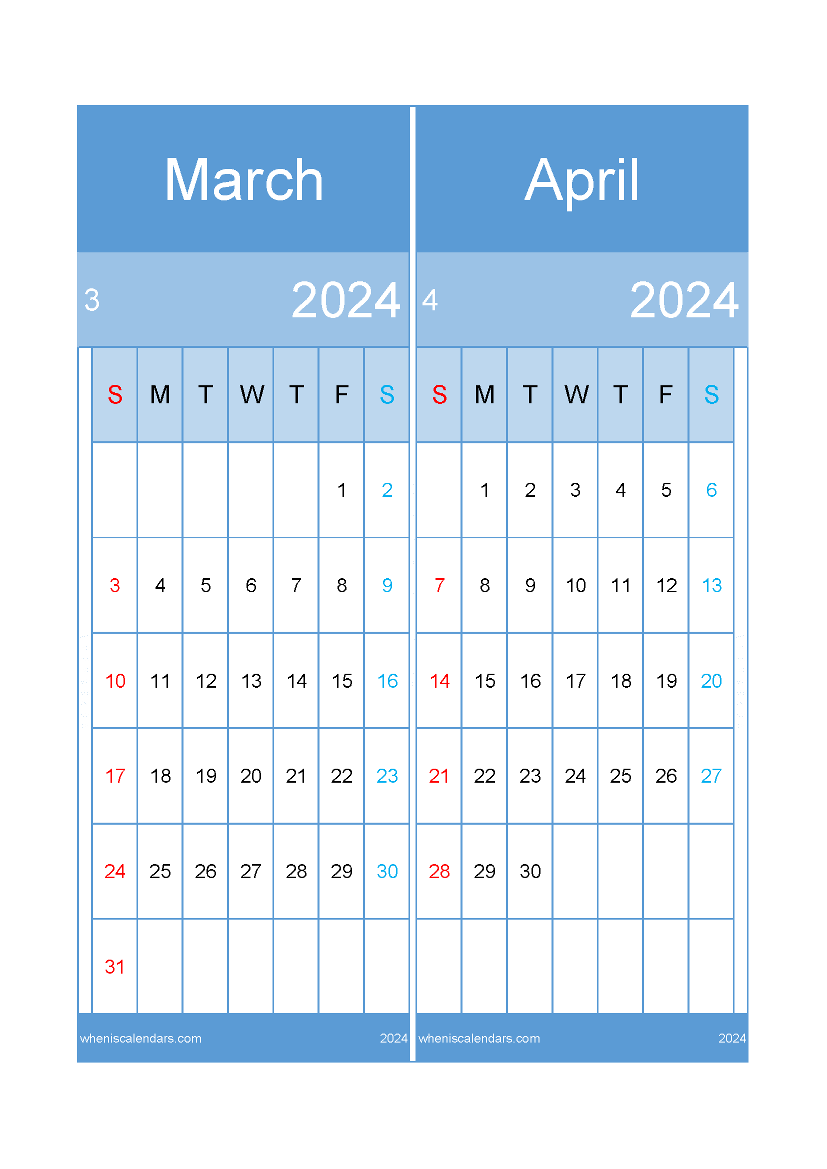Calendar Mar and April 2024 Two-Month