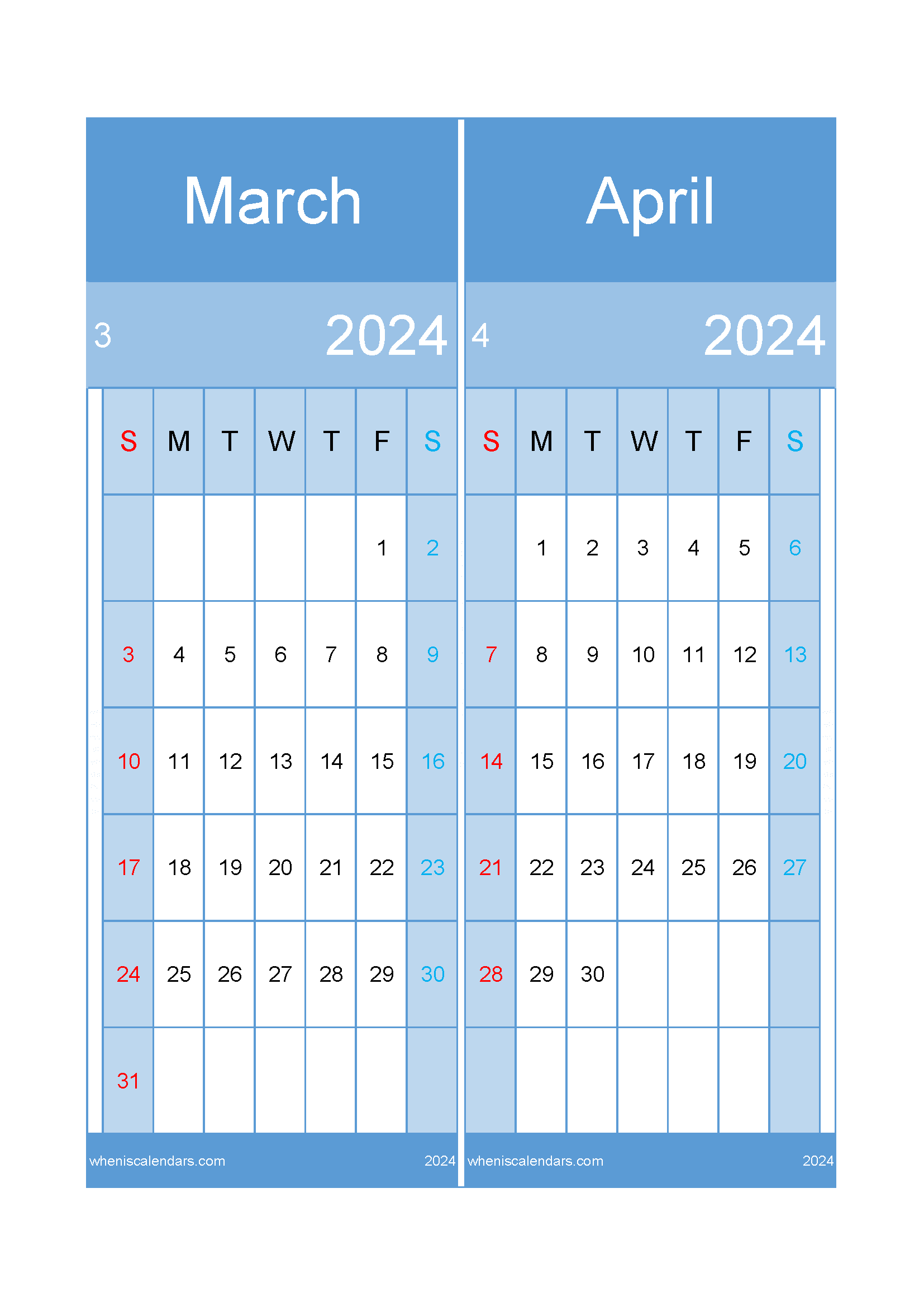 2024 March April Calendar Two-Month