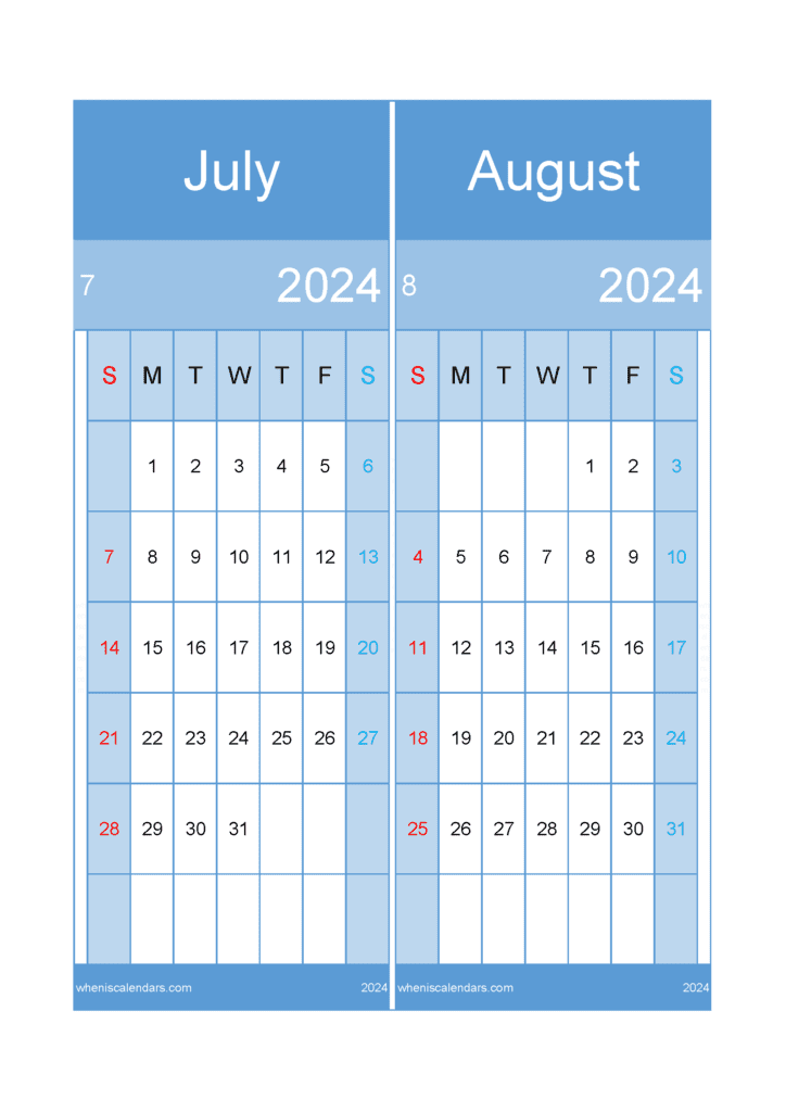 Download 2024 July August Calendar A4 JA24022