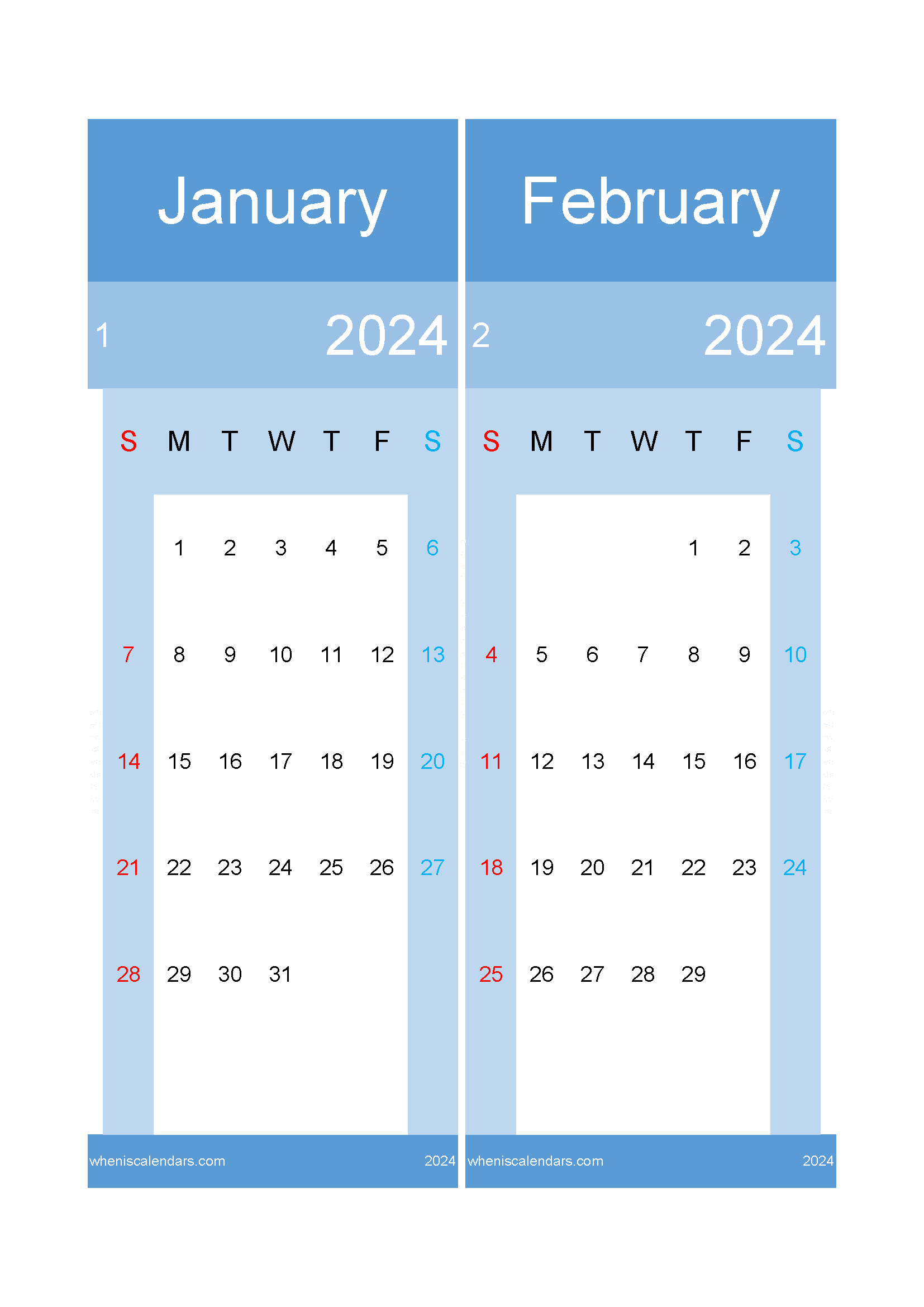 2024 January February Calendar TwoMonth