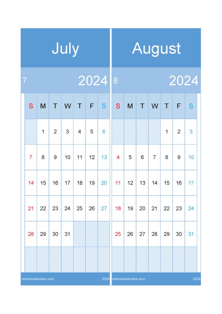 Download July To August 2024 Calendar A4 JA24024