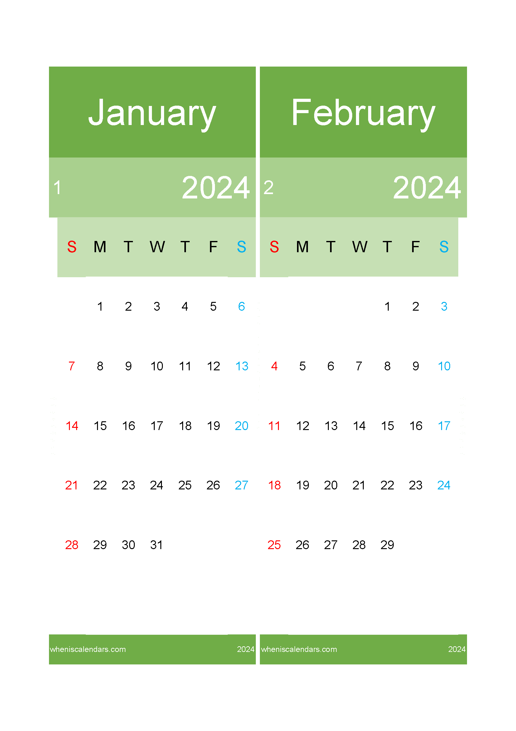 2024 January February Calendar TwoMonth