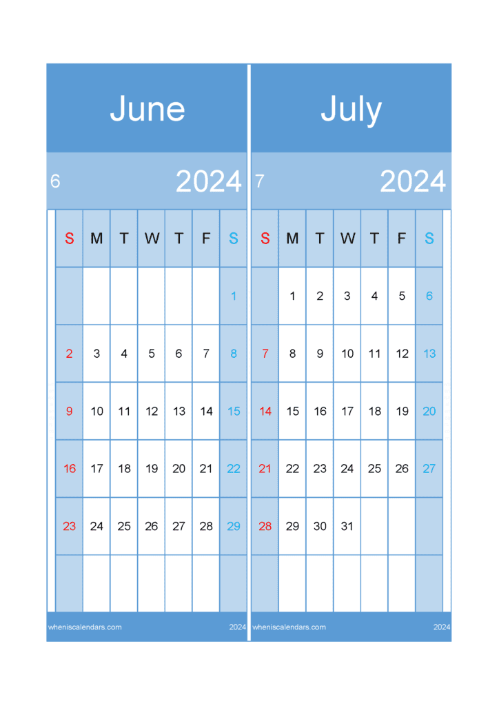 Download 2024 June July Calendar A4 JJ242022