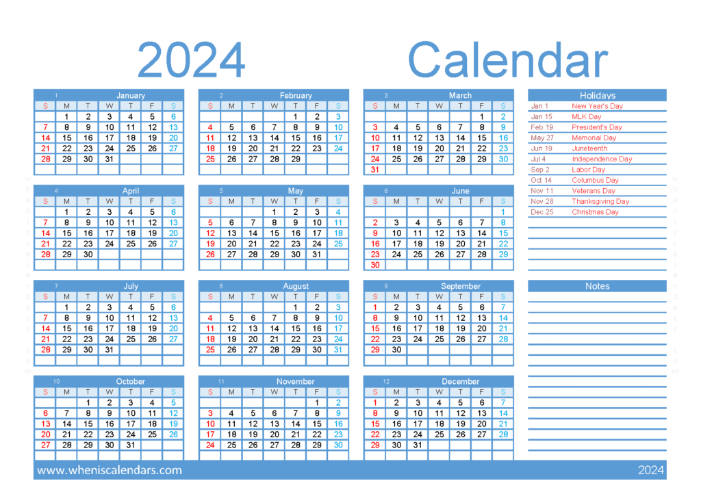 Download Printable Calendar 2024 Free A5 Horizontal (O4Y045)
