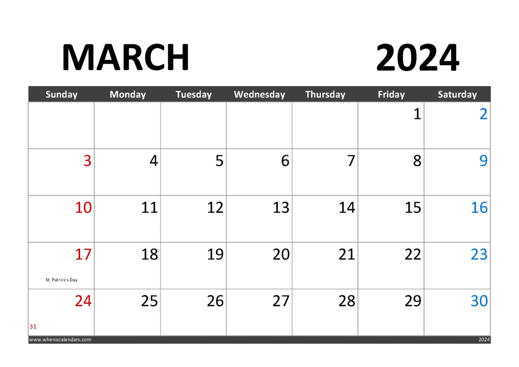 Printable March 2024 Calendar with Holidays