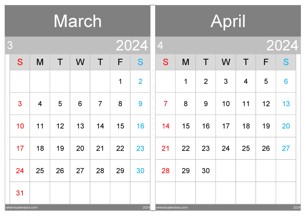 Download Printable Calendar Mar And Apr 2024 A4 MA446