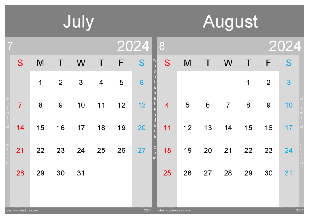 Download Printable July And August 2024 Calendar A4 JA433