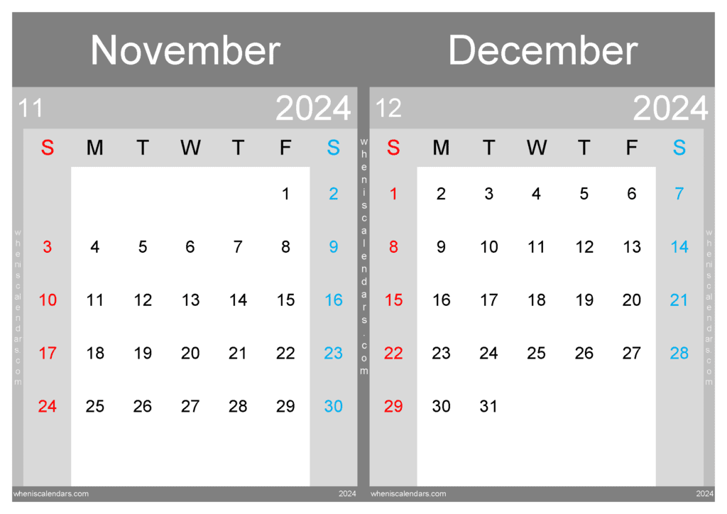 Download Printable November And December 2024 Calendar A4 ND433