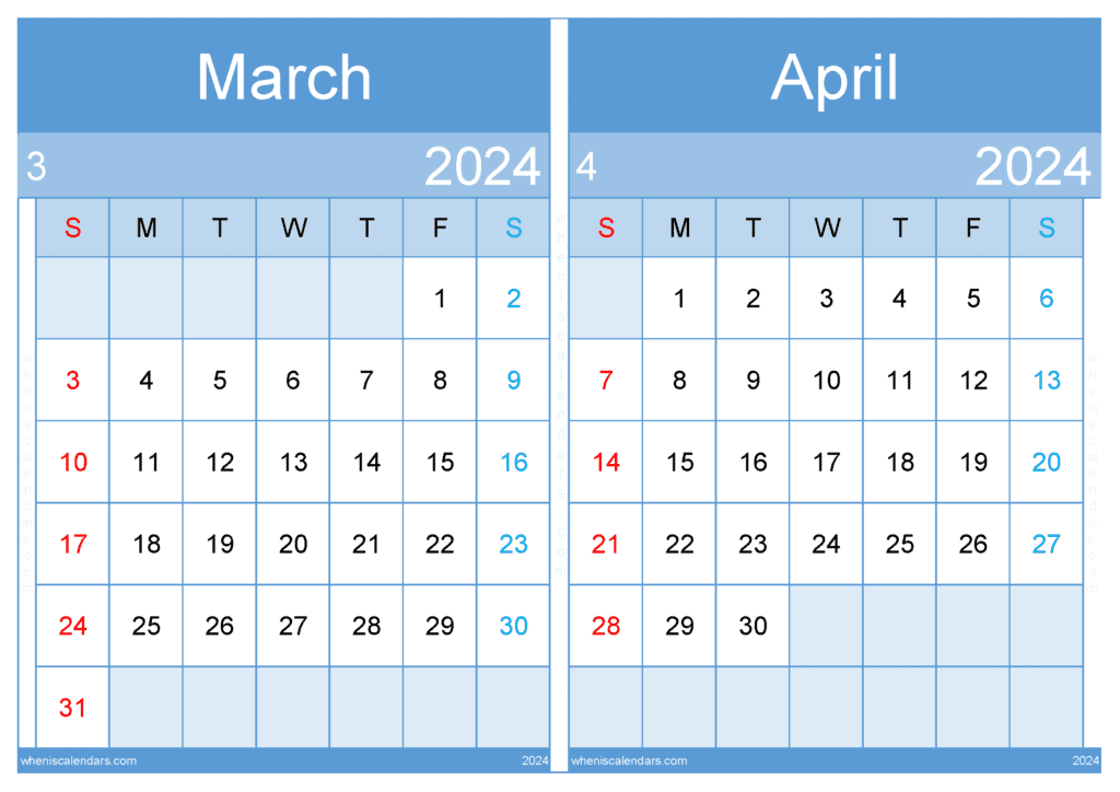 Download March April Calendar Printable 2024 A4 MA439