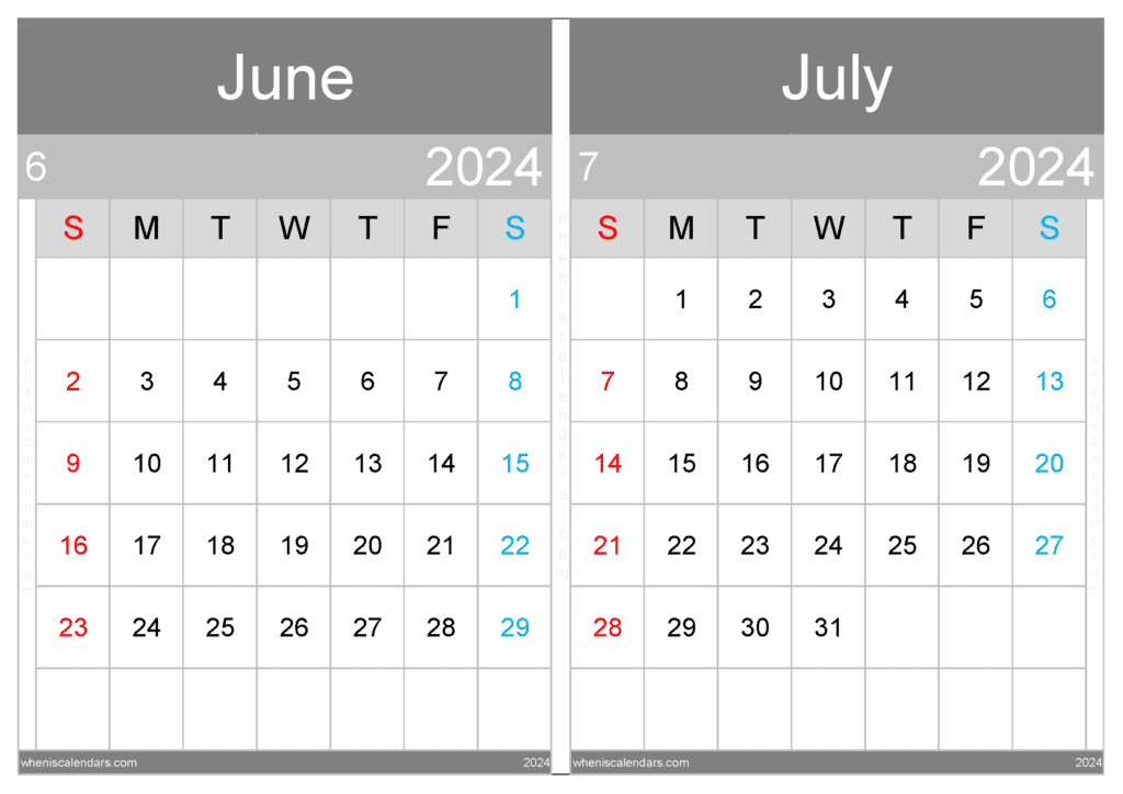 Download Printable Calendar June July 2024 A4 JJ431