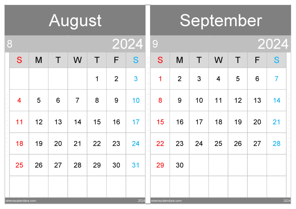 Download Printable Calendar August September 2024 A4 AS431