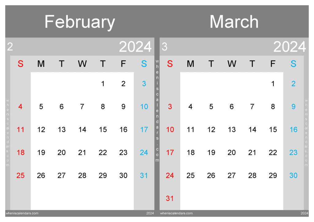 Download printable February and March 2024 Calendar A4 FM433