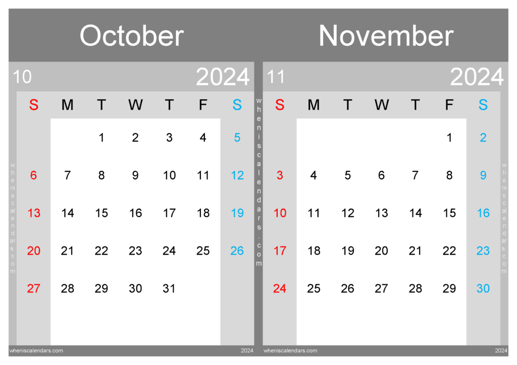 Download Printable October And November 2024 Calendar A4 ON433