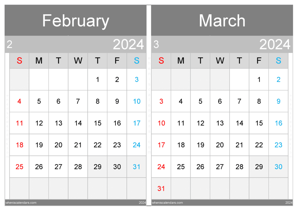 Download February And March 2024 Printable Calendar A4 FM434