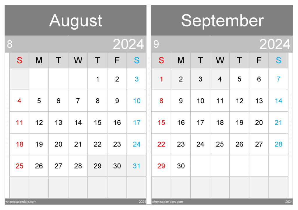 Download August And September 2024 Printable Calendar A4 AS434