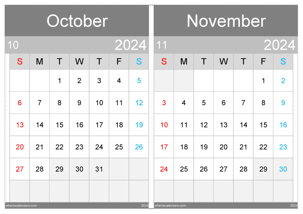 Download October And November 2024 Printable Calendar A4 ON434