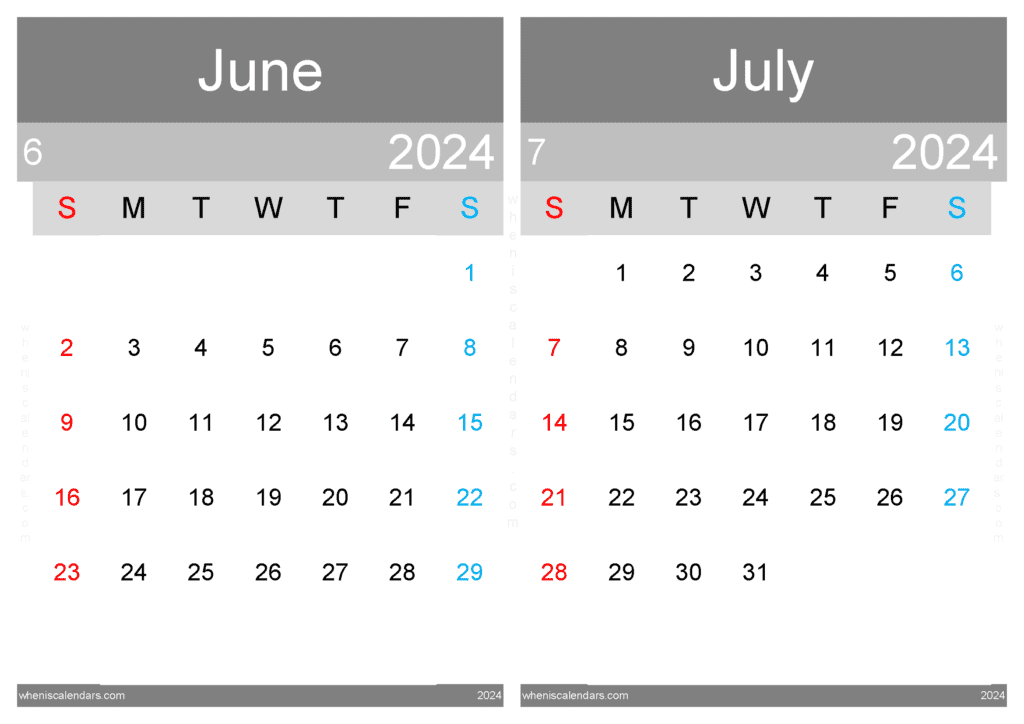 Download 2024 June And July Calendar A4 JJ435