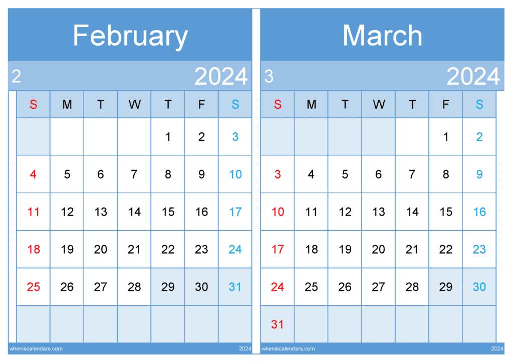 Download Calendar For February March 2024 A4 FM437