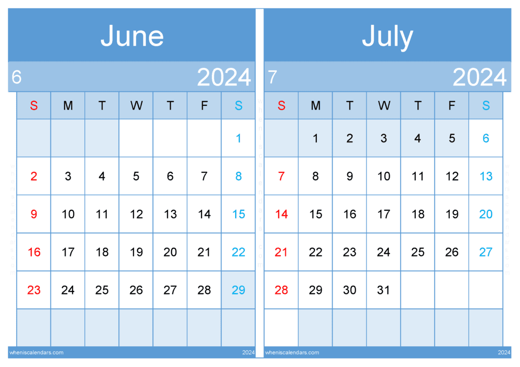 Download June July Calendar Printable 2024 A4 JJ439