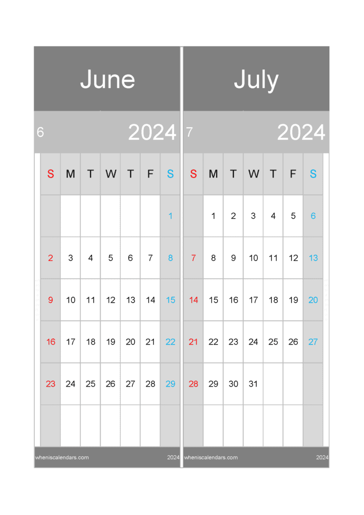 Download Printable Calendar Jun And Jul 2024 A4 JJ446