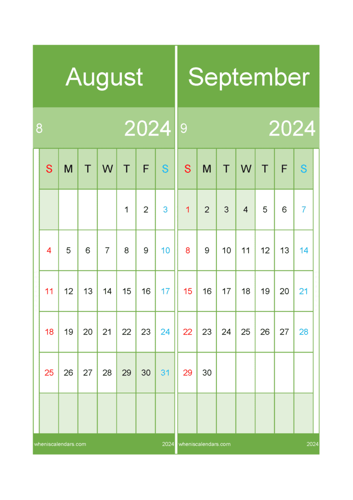 Download Aug Sept 2024 Calendar A4 AS429
