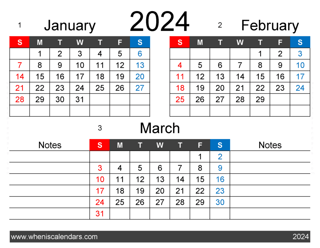 Download 3 Month Calendar January February March 2024 JFM421