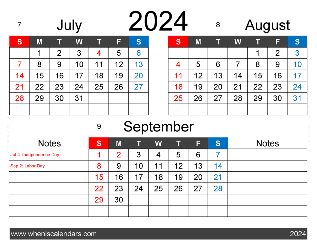 Download Free July August September 2024 Calendar JAS480