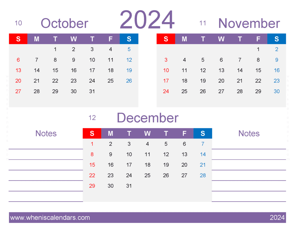 Download Oct Nov Dec 2024 Calendar Printable OND435