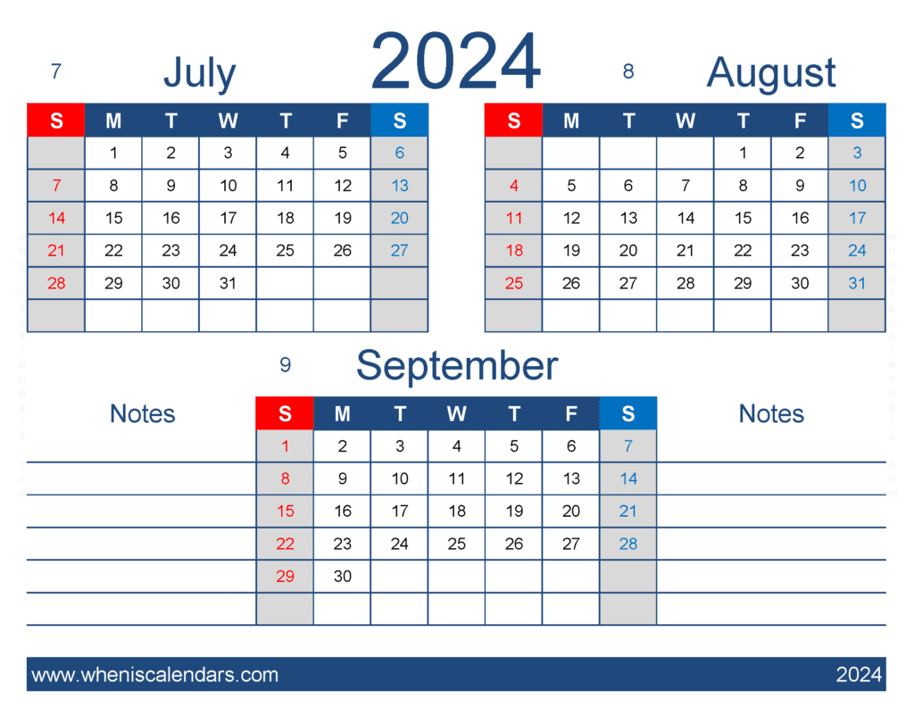 Download Printable Calendar July August September 2024 JAS438