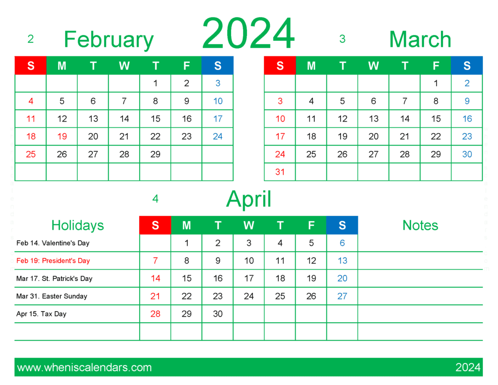 Download 2024 February March April Calendar Free FMA409