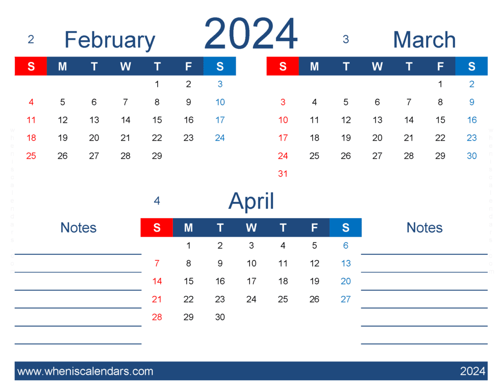Download Free Calendar February March April 2024 FMA439