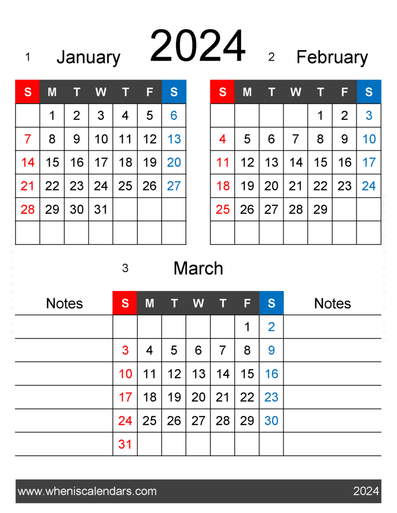 Download 3 Month Calendar January February March 2024 JFM461